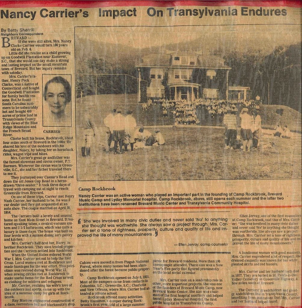 Nancy Carrier, Founder of Rockbrook Camp, featured in The Transylvania Times