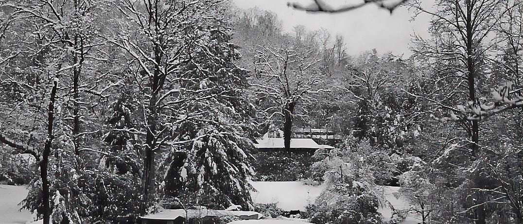 snow scene of rockbrook camp lake