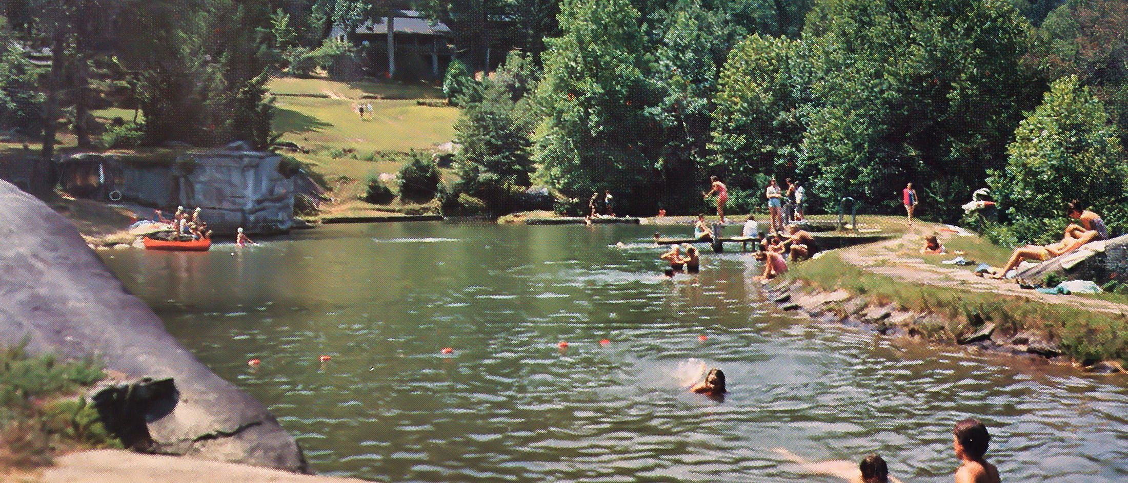 Campers swim, float in a lake, and relax on the grassy shore surrounded by trees and rocks on a sunny day.