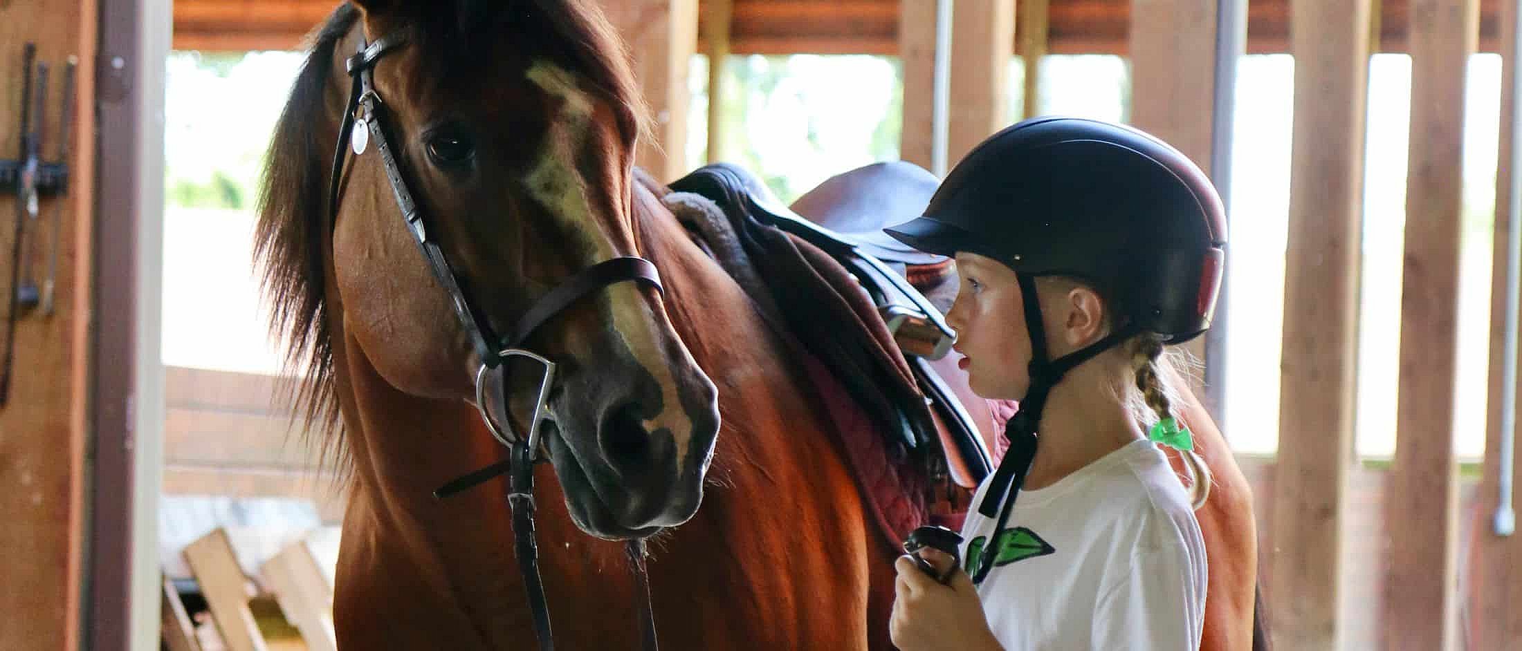A young girl wearing a riding helmet stands close to a saddled horse inside a wooden stable, looking attentively at the horse.