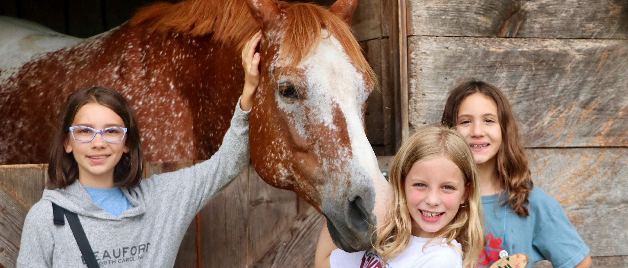 Three children smile while petting and hugging a horse standing in front of a wooden stable door.