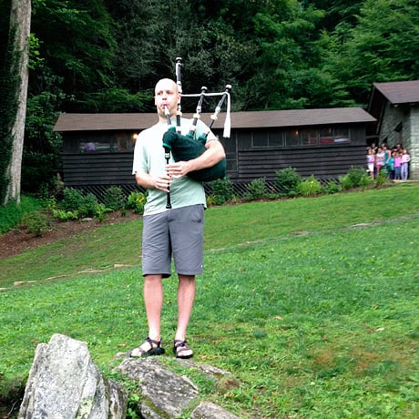 Chappie Powell playing the bagpipes