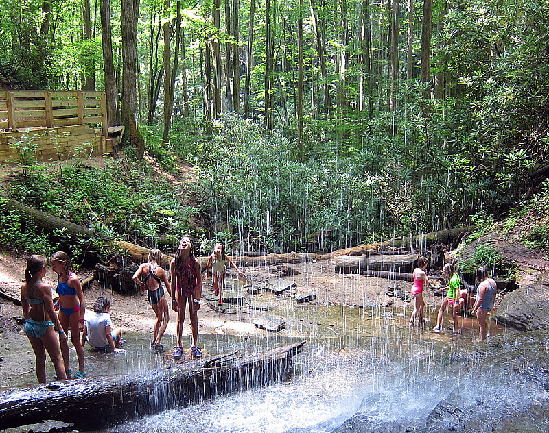 Kids Playing Under Waterfall