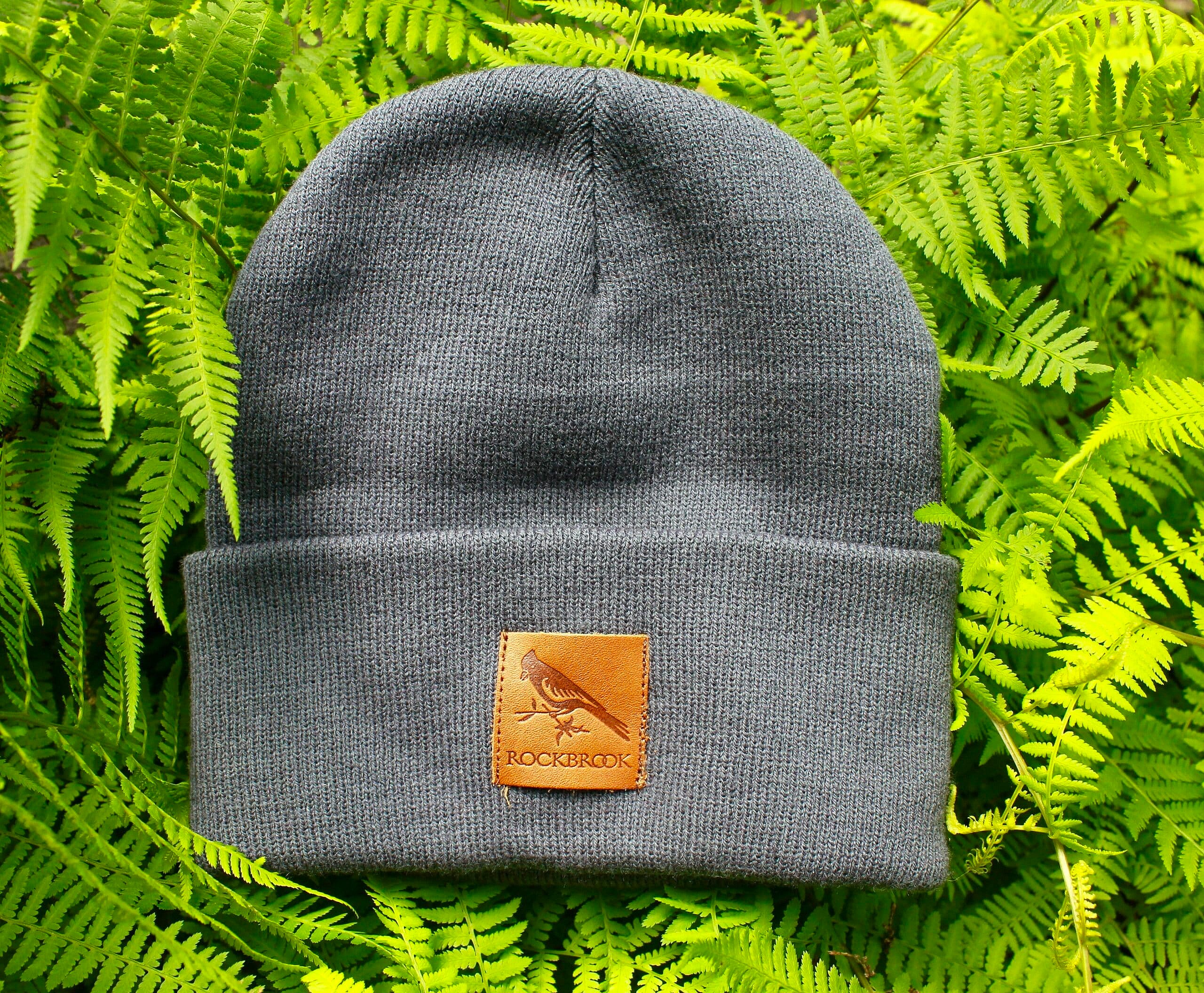 Knitted Gray Beanie with Leather RBC Patch | Rockbrook