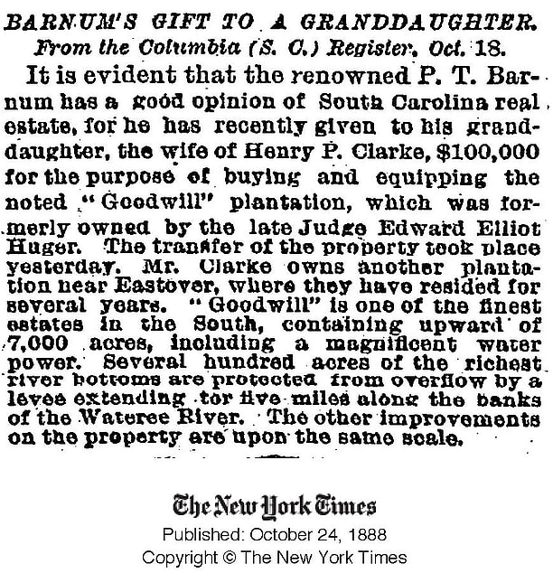 P.T. Barnum's gift to Nancy Clarke, Goodwill