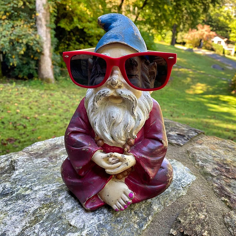 Lawrence the gnome wearing sunglasses