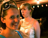 Smiling Sarah at Dolly''s after a game of Dress-up Bowling during orientation