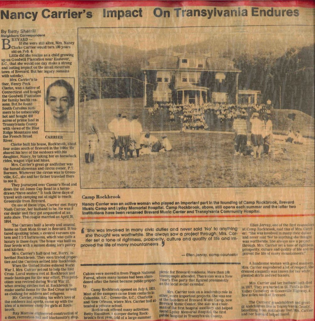 Nancy Carrier, Founder of Rockbrook Camp, featured in The Transylvania Times