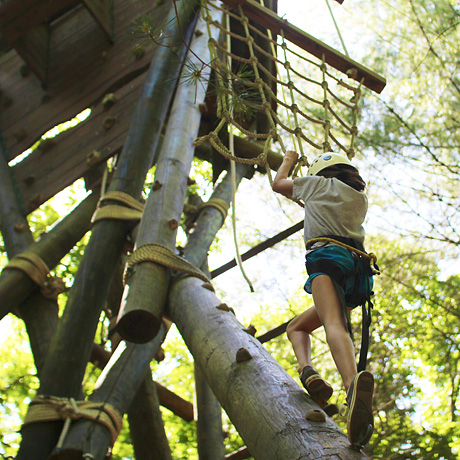 Girl climbing high ropes course at summer camp