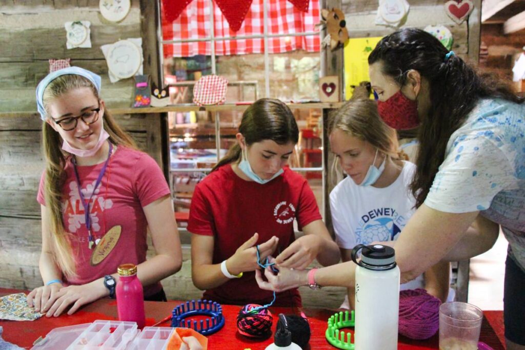 knitting class for girls at summer camp