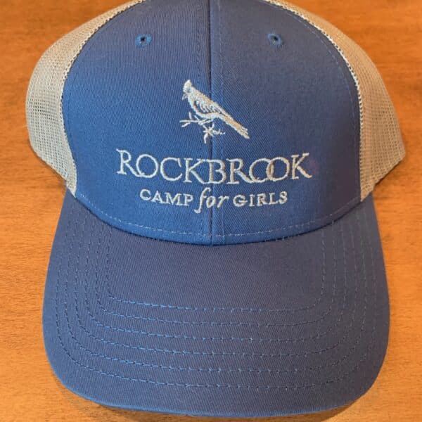blue trucker hat with white Rockbrook logo