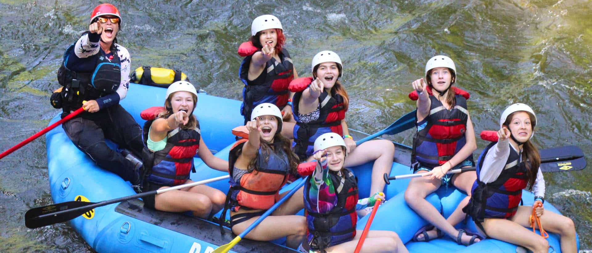 camp rafting kids pointing pose