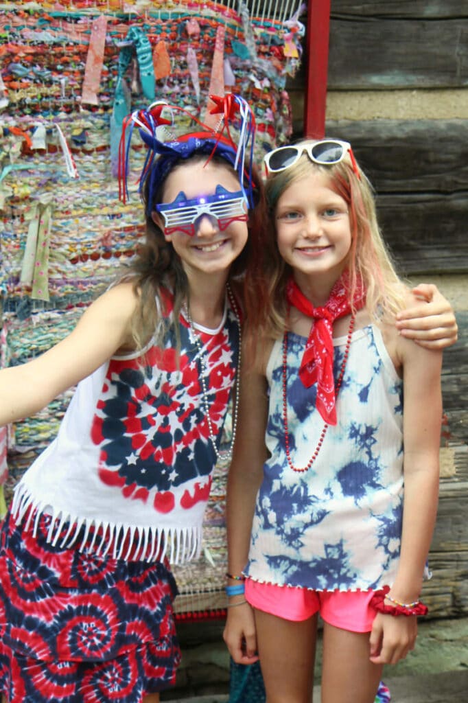 silly camp girls in red white and blue costume