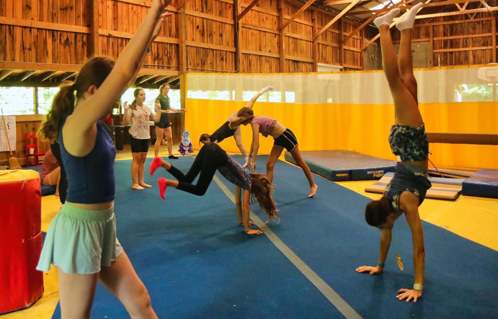 summer camp gymnastics class with gnome