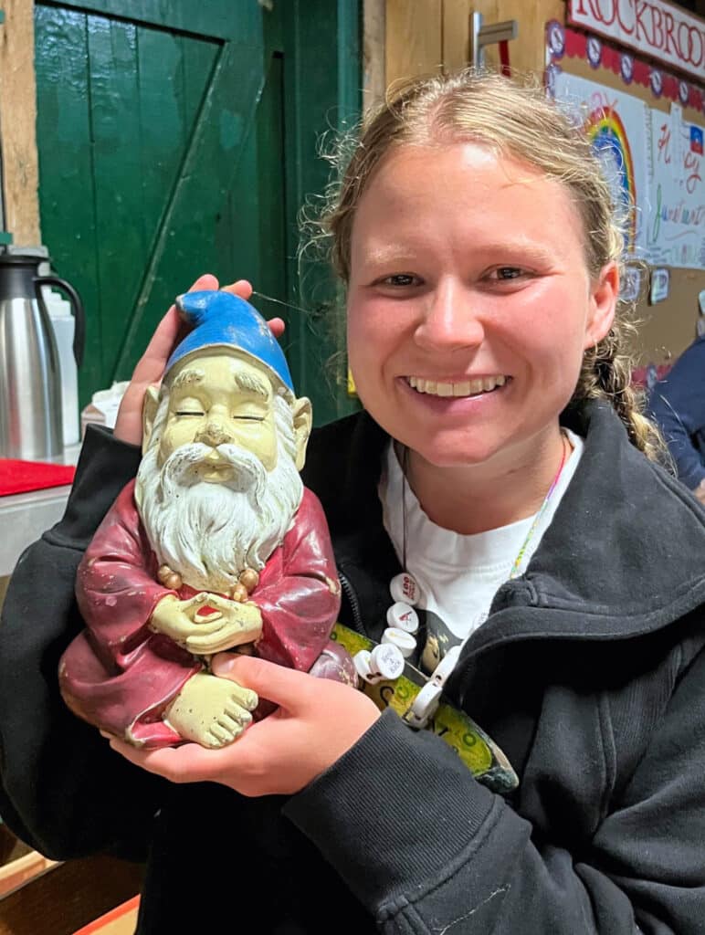 Casey with Lawrence the gnome